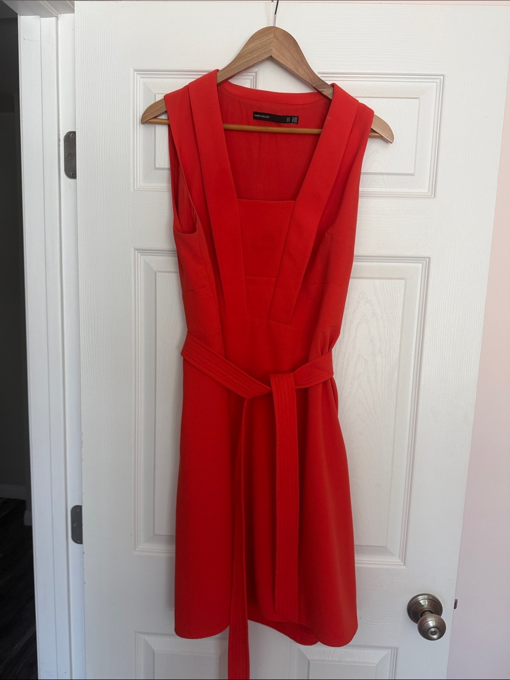 Karen Mullen Red (almost coral) V-Neck Tie-Neck Dress - Women so 🥰 cute